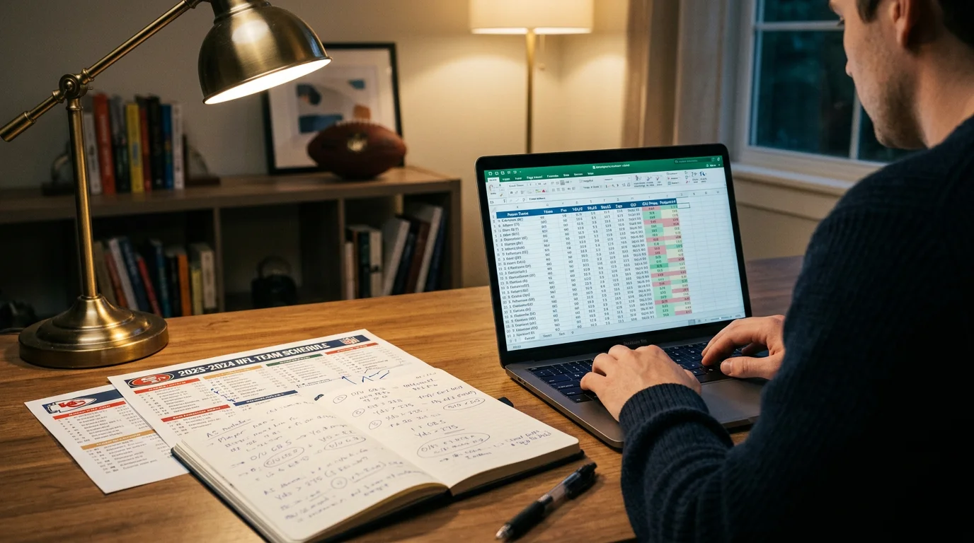 Analista de apuestas NFL construyendo una proyección de props con datos estadísticos y notas de matchup