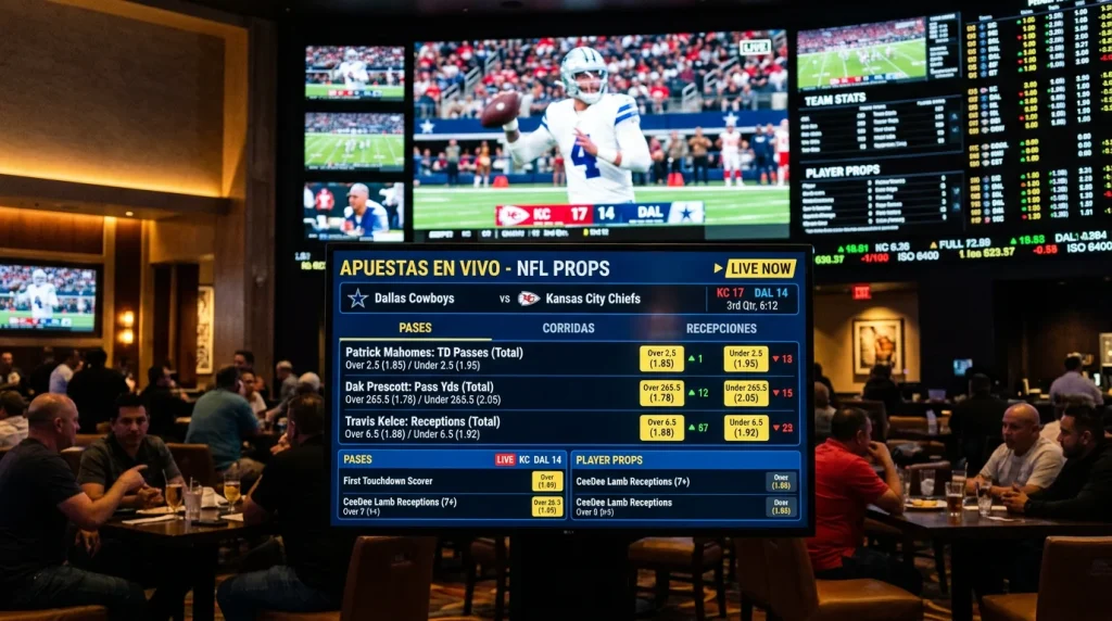 Pantalla de sportsbook mostrando props NFL en vivo con cuotas actualizándose en tiempo real