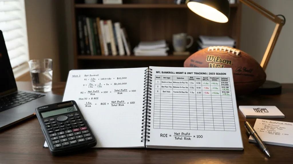 Libreta con cálculos de gestión de bankroll y unidades para apuestas deportivas NFL