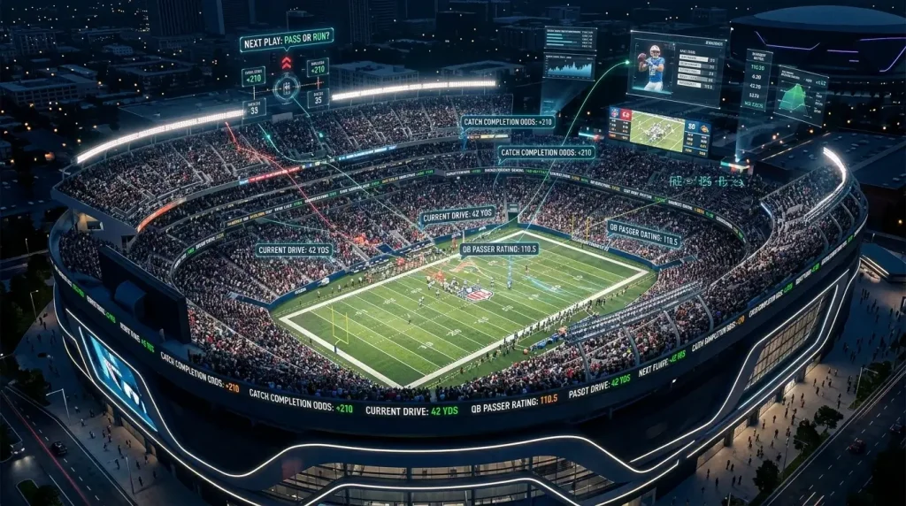 Estadio de fútbol americano con superposición de datos en tiempo real mostrando microbetting jugada a jugada