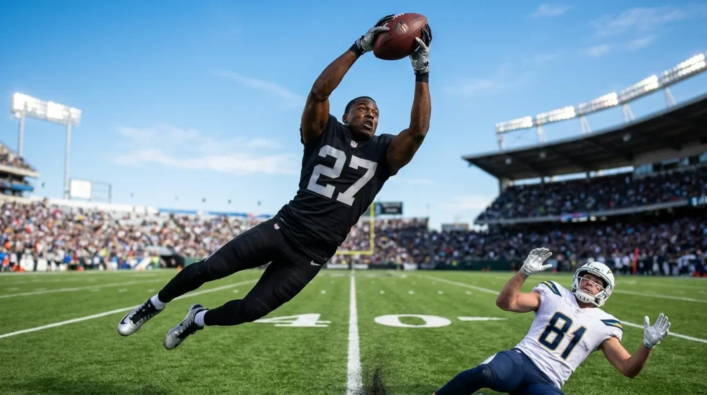 Jugador defensivo de la NFL interceptando un pase en el campo