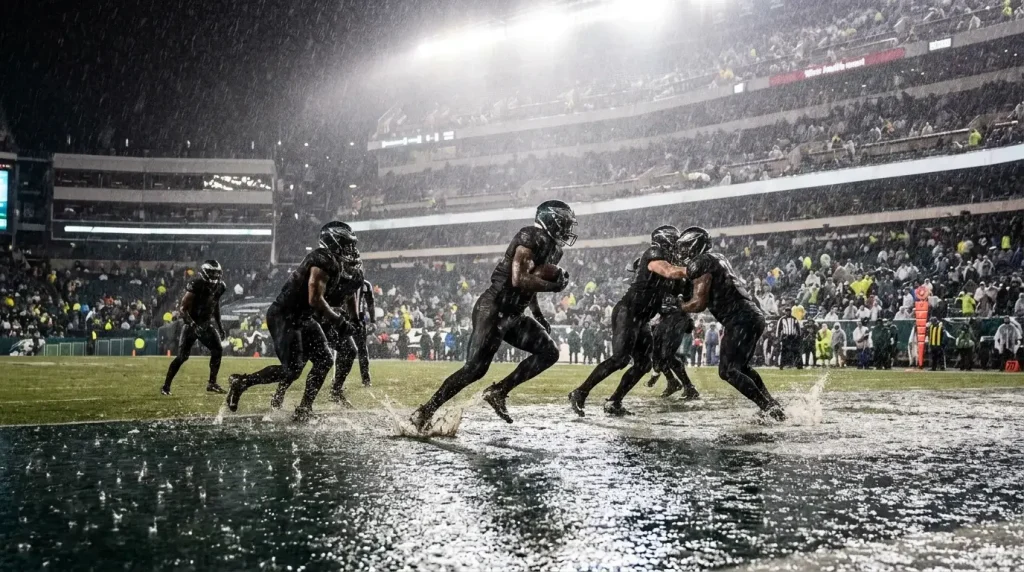 Partido de la NFL jugándose bajo lluvia intensa en un estadio al aire libre