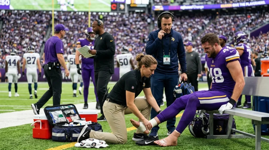 Jugador de la NFL en la banda siendo atendido por el equipo médico