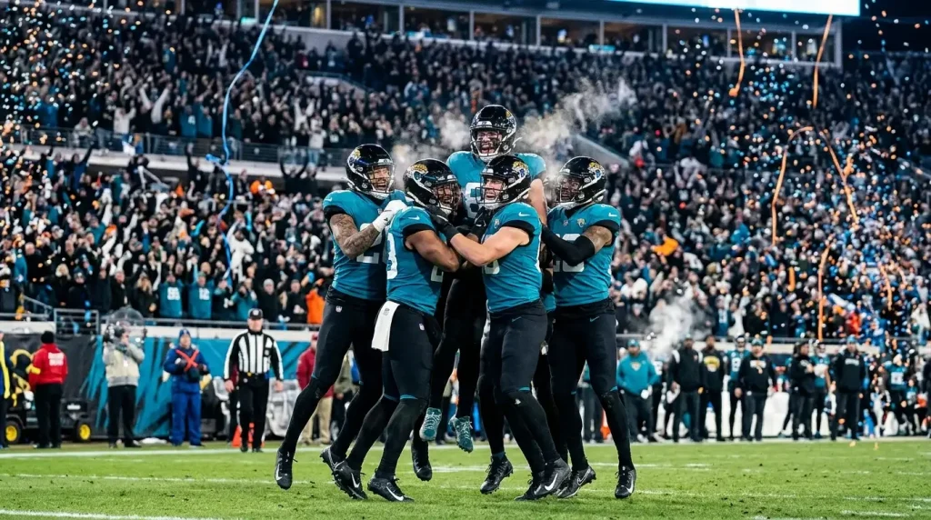 Jugadores de la NFL celebrando una jugada en un partido de playoffs