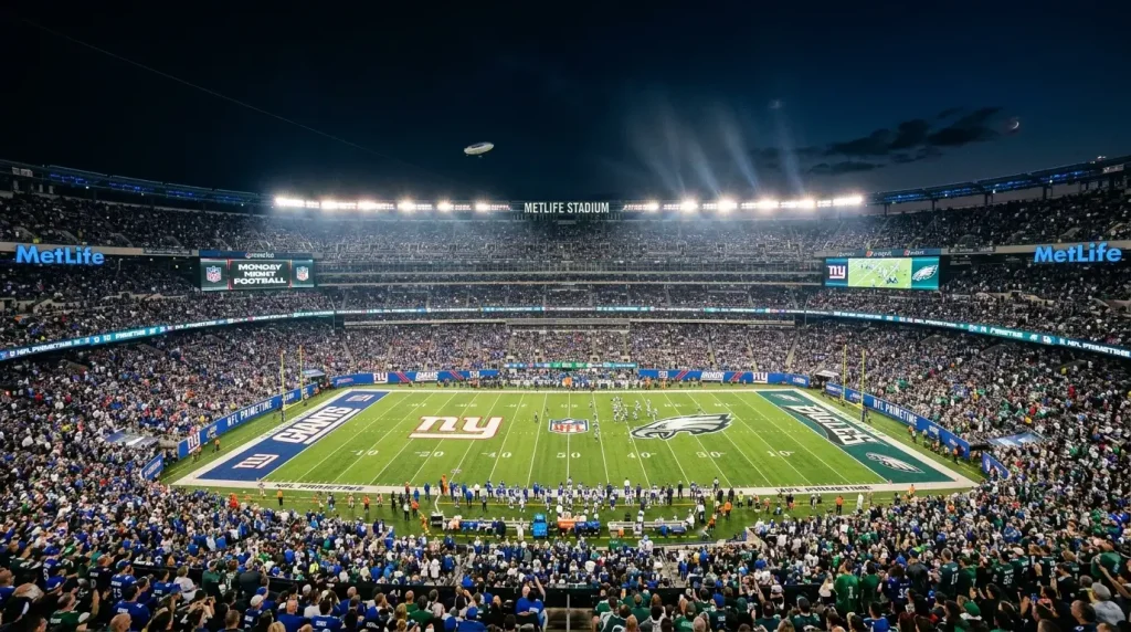 Estadio de la NFL iluminado para un partido nocturno de Monday Night Football