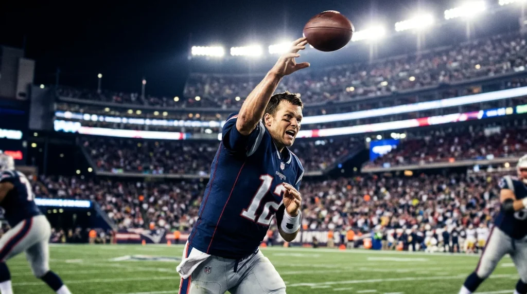 Quarterback de la NFL lanzando un pase largo en un estadio con focos nocturnos
