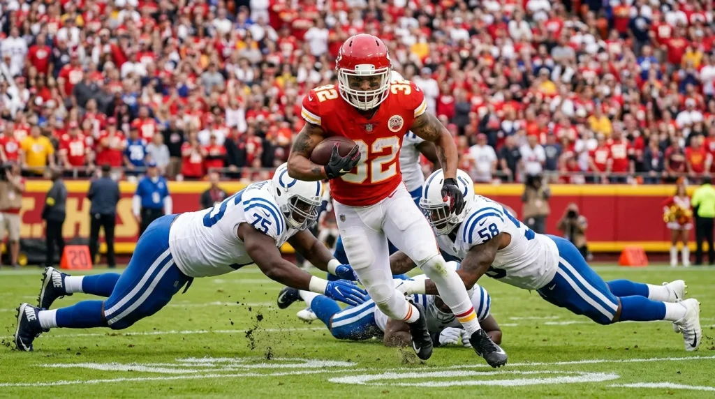 Running back de la NFL corriendo con el balón evadiendo tackleadores