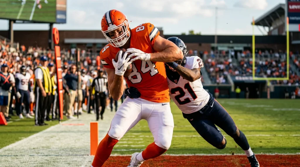 Tight end de la NFL recibiendo un pase en zona roja cerca de la meta