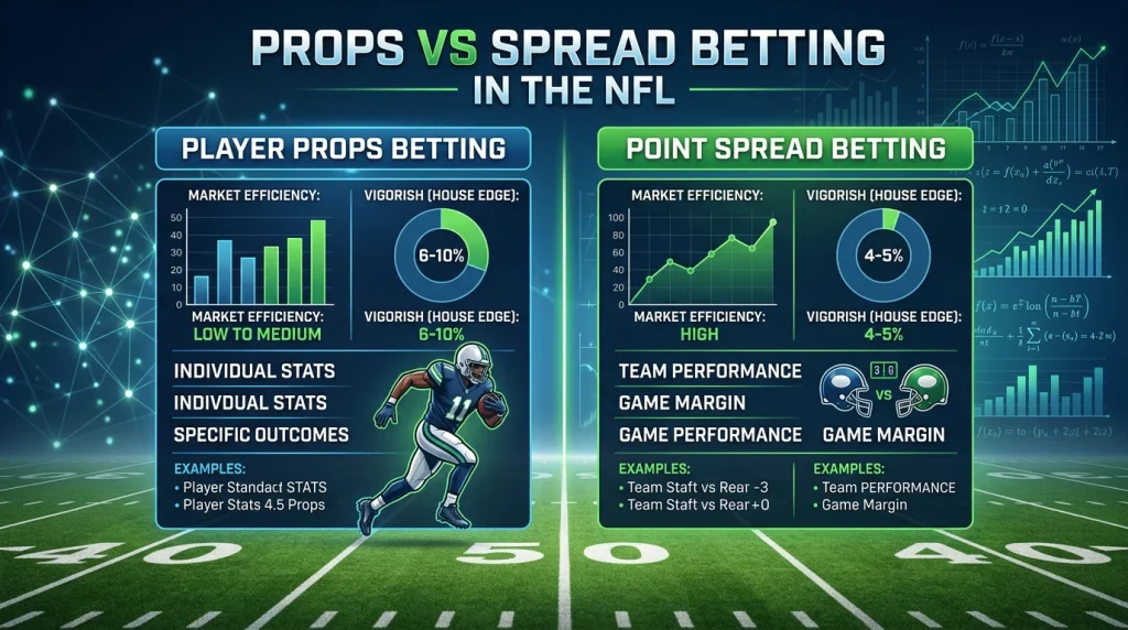 Comparación visual entre mercados de props y spread en apuestas NFL con gráficos de eficiencia