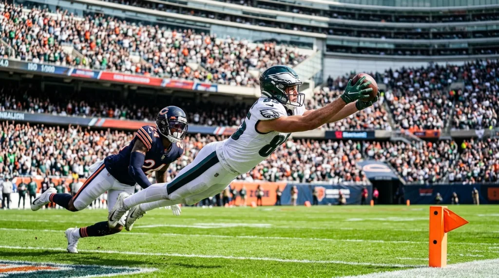 Wide receiver de la NFL atrapando un pase en la zona de anotación
