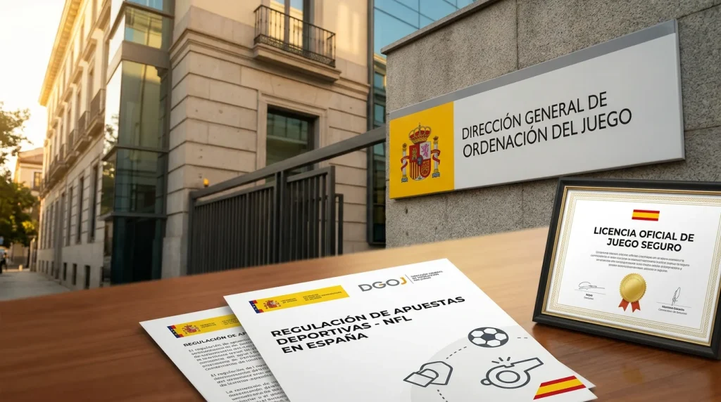 Bandera de España con iconos de regulación y licencias de apuestas deportivas DGOJ