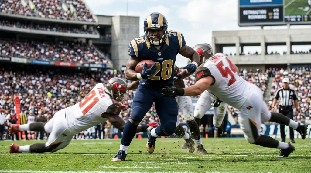 Running back de fútbol americano corriendo con el balón atravesando la línea defensiva